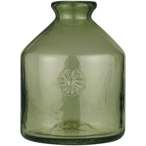 IB Laursen Glasflasche m/Blumenemblem grünes Glas NON FOOD mundgeblasen