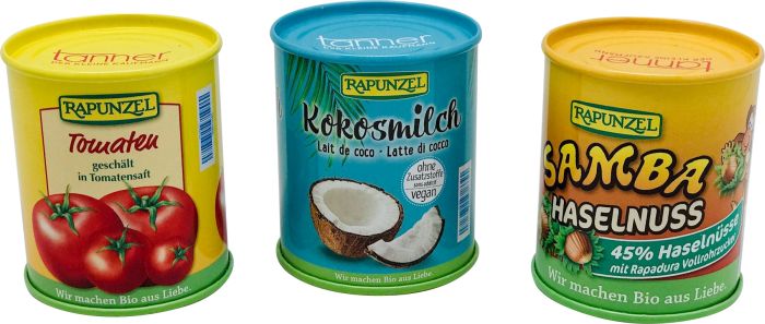 Leckere Naturkost von Rapunzel in Metalldosen Leckere Naturkost von Rapunzel in Metalldosen
